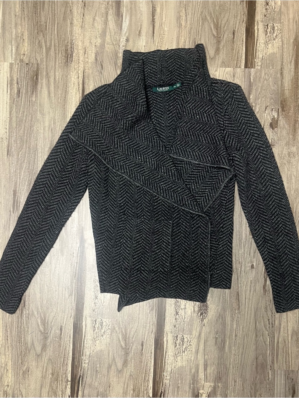 Lauren Ralph Lauren Gray Herringbone Asymmetric Open Front Cardigan Knit PS